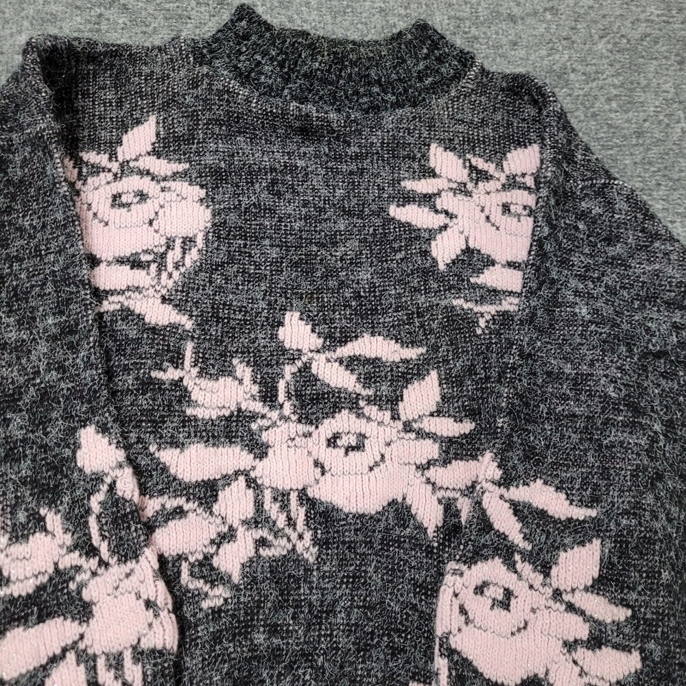 Arielle Sweater Womens Size M Black Pink Floral Rayon Metallic USA Made Vintage